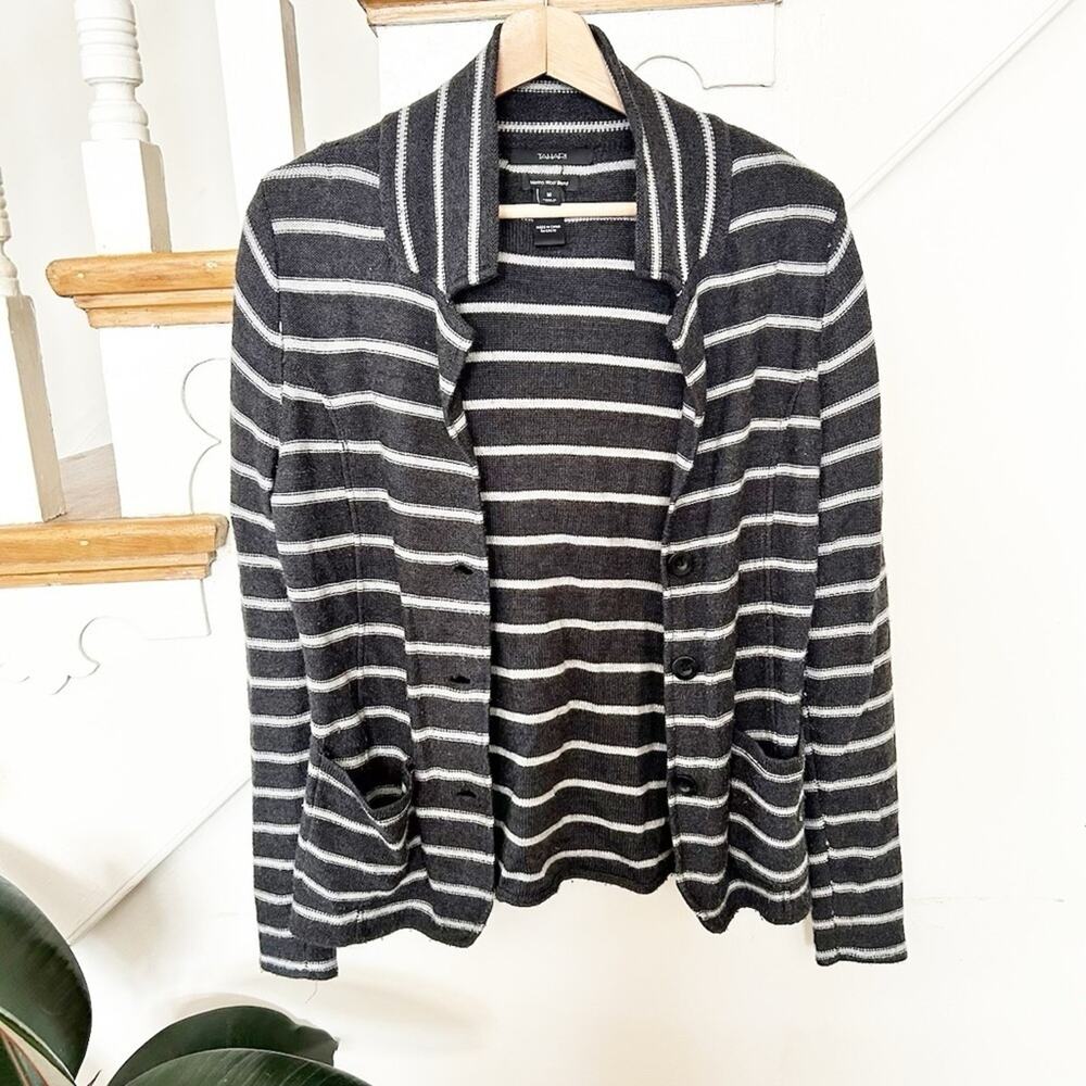 Tahari Merino Wool Blend Striped Cardigan Gray White Button-Front Pockets Sz S - Picture 1 of 6